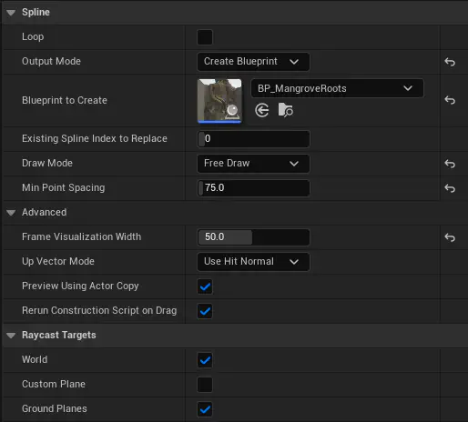 {{0xc000c0bb80 0xc000c0bb80 image.png Use these settings in modeling mode > Draw Spline. You may want to tweak min point spacing depending on how large the mesh is going to be and how precisely you want the spline to follow corners  alt text alt text 0xc0007928a0} 1 false}